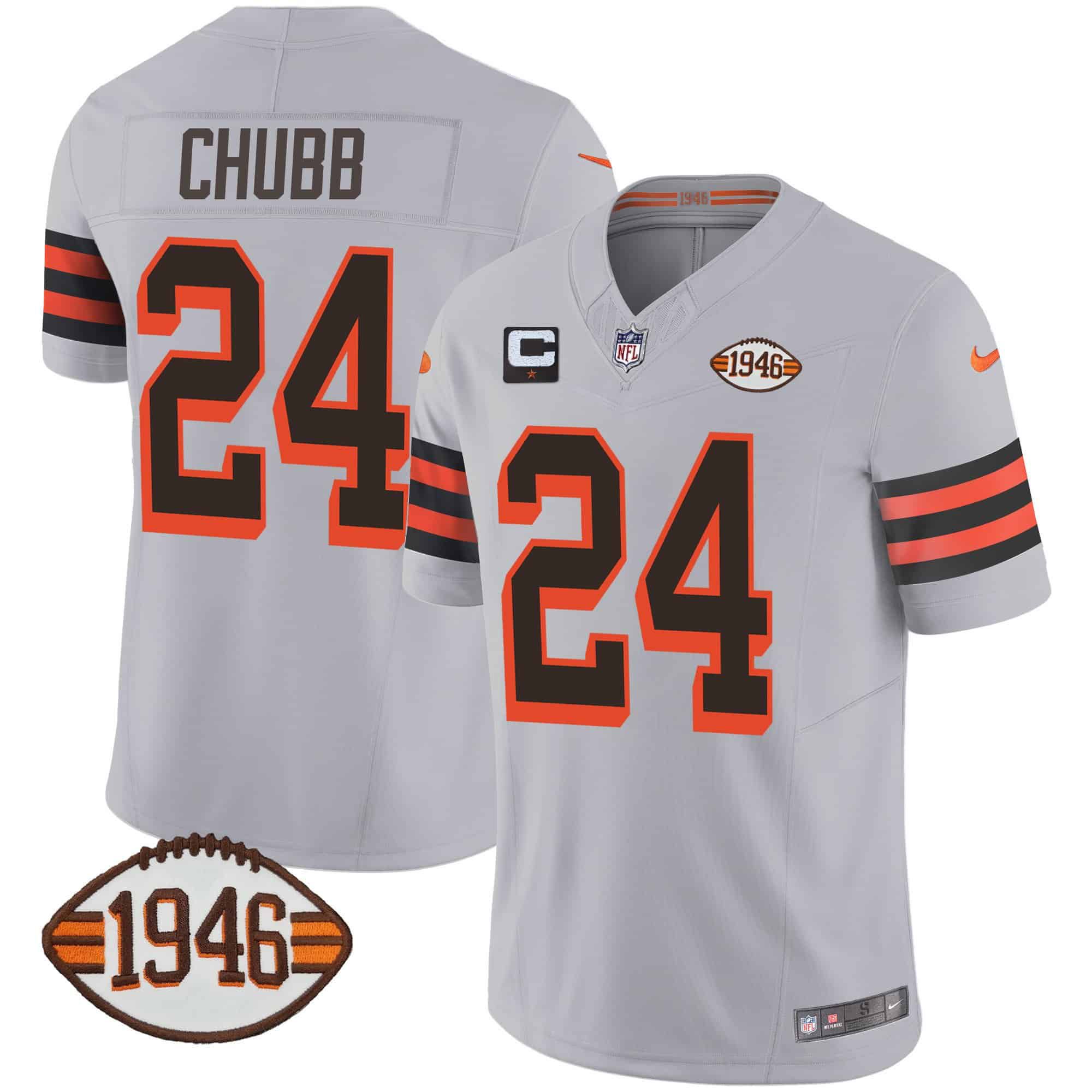 Men Cleveland Browns #24 Chubb Grey 1946 75th Anniversary Patch 2024 Nike NFL Jersey